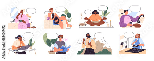 Set of thinking people with blank thought bubbles. Thoughtful men and women dream while work and rest at home. Concept of pondering about wishes. Flat isolated vector illustrations on white background