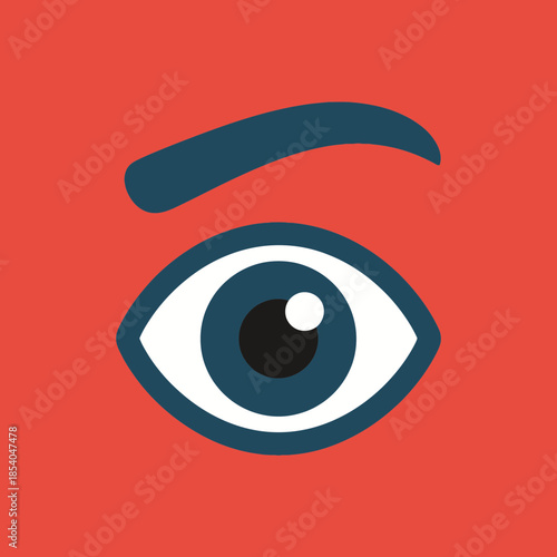 Stylized eye with dark blue iris and pupil, white sclera, and brow.