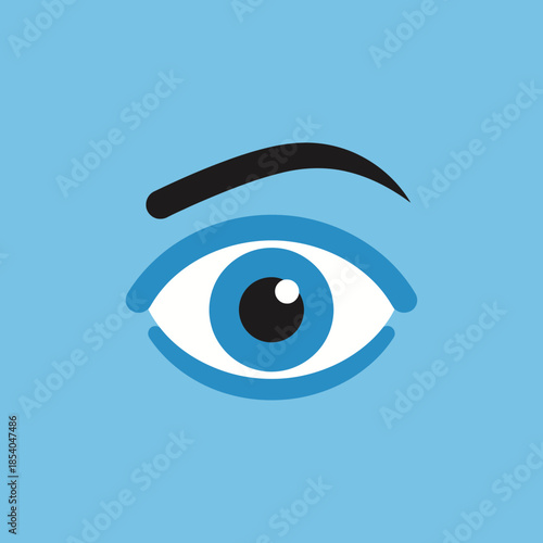 Stylized eye with blue iris and black pupil.