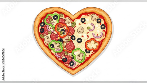 Heart shaped pizza with varied toppings on white background illustration