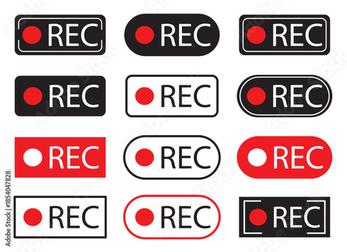 Recording icon set. recording voice message signs. Red logo camera recording symbol. recording conversation.