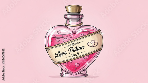 Heart shaped love potion bottle illustration with pink liquid and hearts on pastel background