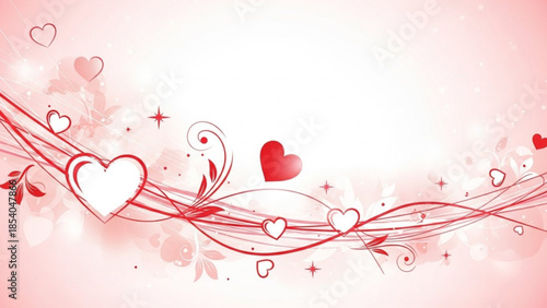 Valentine's day background with red hearts and flowing lines on pink gradient