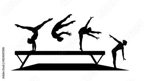 Black Gymnast Silhouette Vector Showing Handstand Flip Balance Beam and Landing Poses