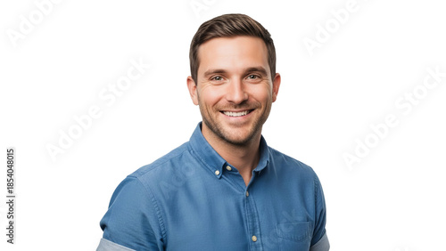 Man in casual shirt smiling and looking towards camera on a transparent background for stock photo use.