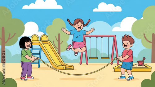Three children playing together on a swing and slide in a sunny playground with trees and cloudy blue sky