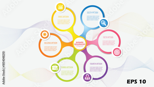 6 Option Business Infographic Template. Modern Radial Process Diagram with Circular Hub and Spoke Design. Marketing Strategy Flow Chart with Professional Icons. EPS 10 Vector