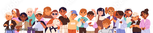 Group of diverse cute kids is greeting. Happy children with disabilities and prosthesis are waving. International child team welcomes together. Flat isolated vector illustration on white background.