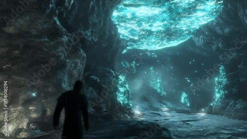 Mysterious illuminated cavern interior with figure in fantasy environment