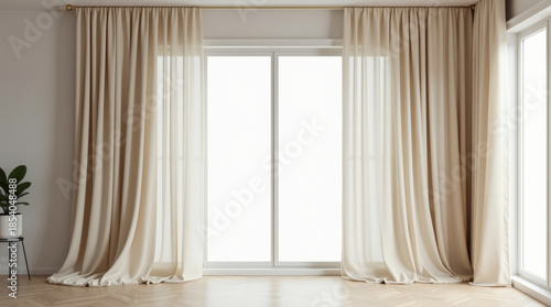 Contemporary open plan interior featuring elegant off-white curtains. Soft diffused daylight, neutral palette and premium textile decor for modern luxury living spaces