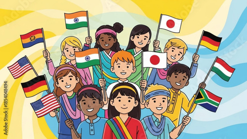 Diverse group of children from different countries holding flags and smiling together in a vibrant, colorful illustration