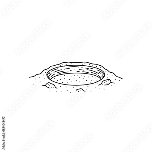 Monochrome crater illustration with depth and texture on rough ground