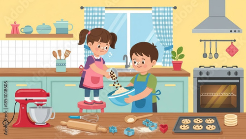 Two children wearing aprons baking cookies together in a kitchen with baking utensils and ingredients on the counter