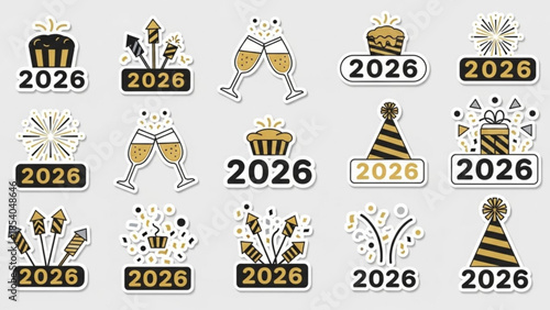 New year 2026 celebration icons set with champagne, party hats, fireworks and confetti, gold and black stickers for greeting cards