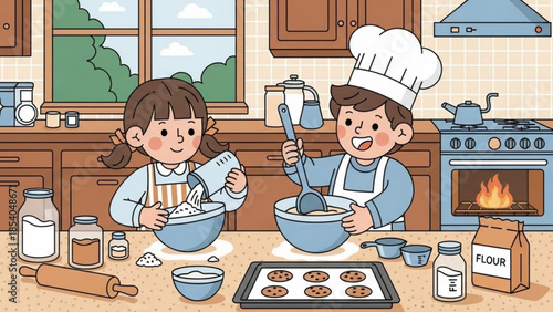 Cartoon children baking cookies together in a kitchen with mixing bowls and baking sheet