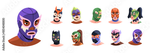 Lucha libre set. Professional fighters of no rules wrestling in ornamented masks. Heads of Mexican wrestlers: men and women in costumes. Flat isolated vector illustrations on a white background.