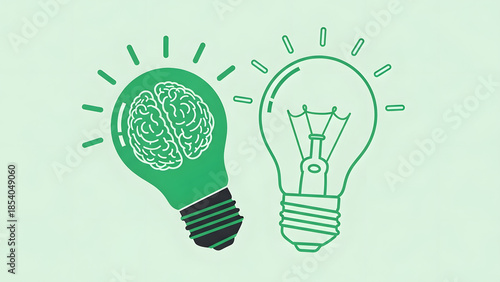 Creative business brain inside glowing green light bulb and outline bulb representing innovative ideas digital technology human intelligence and successful growth strategy