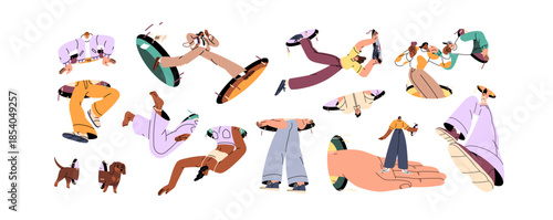 Set of teleporting people. Men and women are jumping, falling down and flying through portals. Characters coming and peeking outside magic holes. Flat isolated vector illustrations on white background