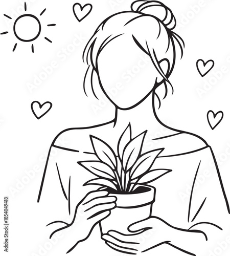 Woman holding plant self care line art illustration