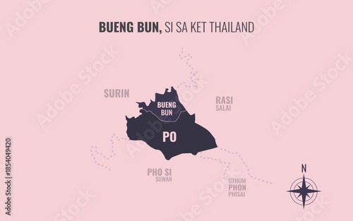 Map showing Bueng Bun District Si Sa Ket Thailand divided into sub districts with minimalist colorful patterns