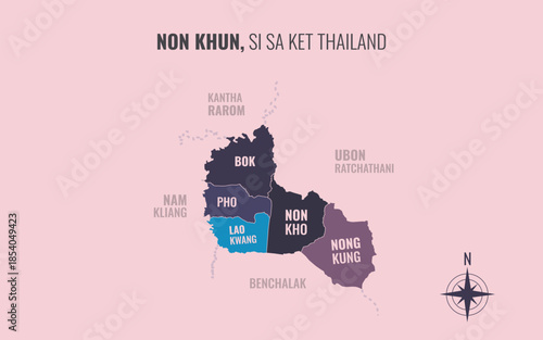 Map showing Non Khun District Si Sa Ket Thailand divided into sub districts with minimalist colorful patterns