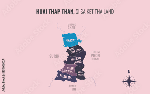 Map showing Huai Thap Than District Si Sa Ket Thailand divided into sub-districts with minimalist colorful patterns