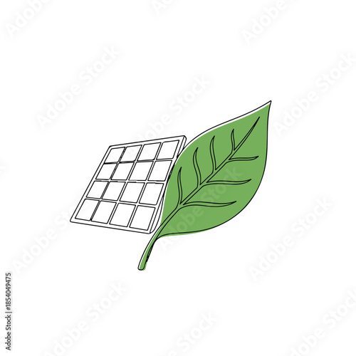 Continuous line drawing of a solar panel and a green leaf representing renewable energy and sustainable eco-friendly power concept
