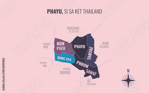 Map showing Phayu District Si Sa Ket Thailand divided into sub-districts with minimalist colorful patterns