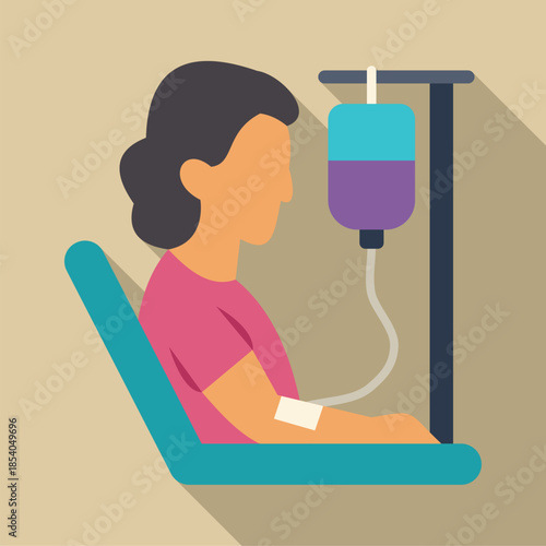 Patient sitting while receiving intravenous infusion from a drip bag on a stand