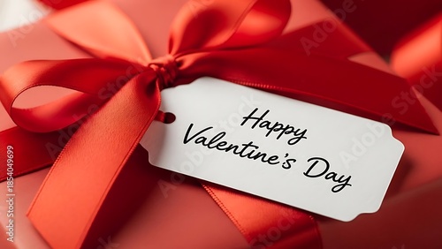 Red gift box with satin ribbon and tag wishing happy valentines day romantic present