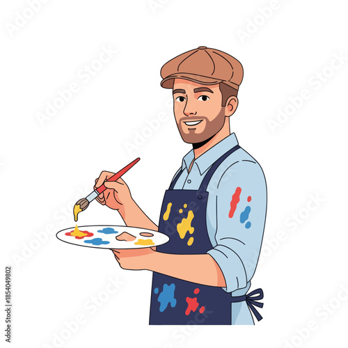 Creative male artist with a cheerful expression painting a colorful canvas in a casual studio