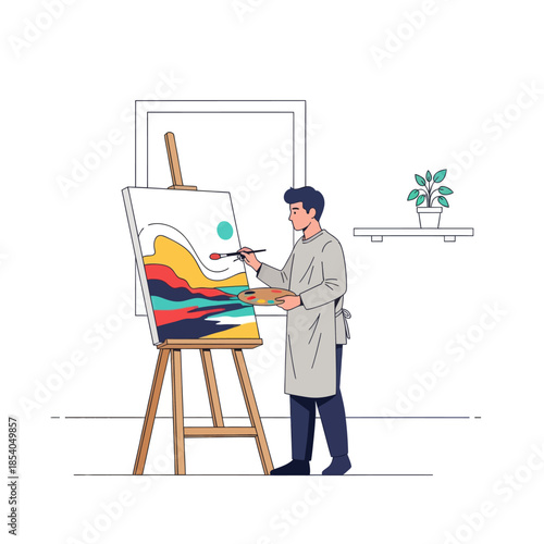 artist painting a colorful landscape on canvas during creative studio session