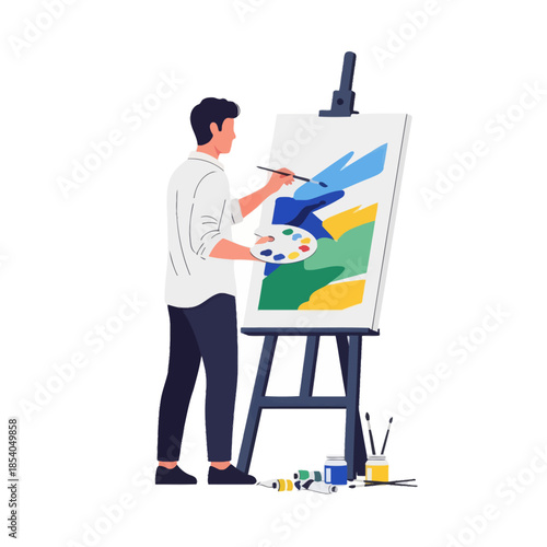 Artist Engaged in Creative Painting on Canvas with Art Supplies in a Studio Setting