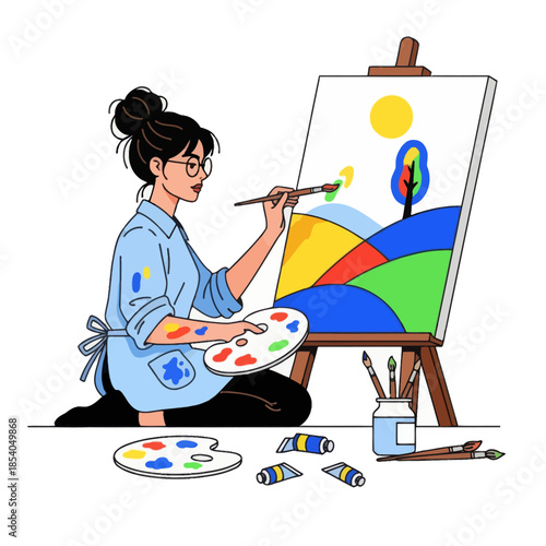 Creative young woman painter with glasses and bun wearing casual clothes engaging in landscape