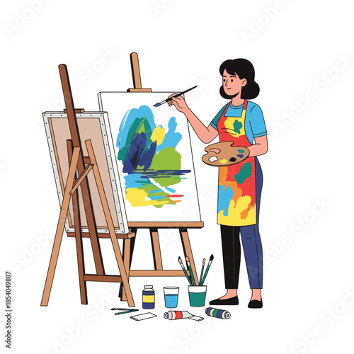 Young Female Artist Painting Colorful Abstract Landscape on Canvas in Studio Environment