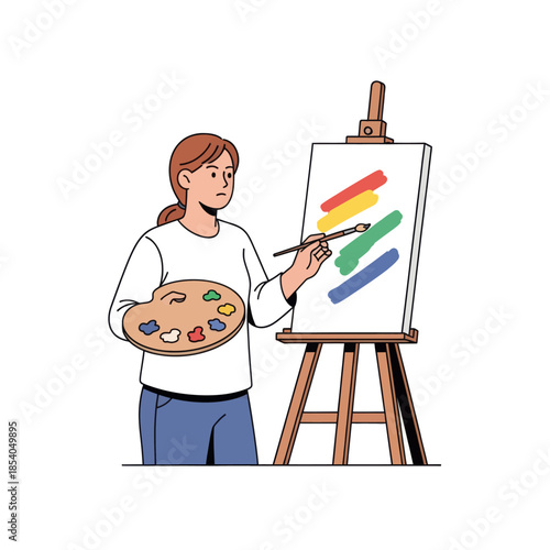 illustration of a creative female artist painting colorful brushstrokes on a canvas in a
