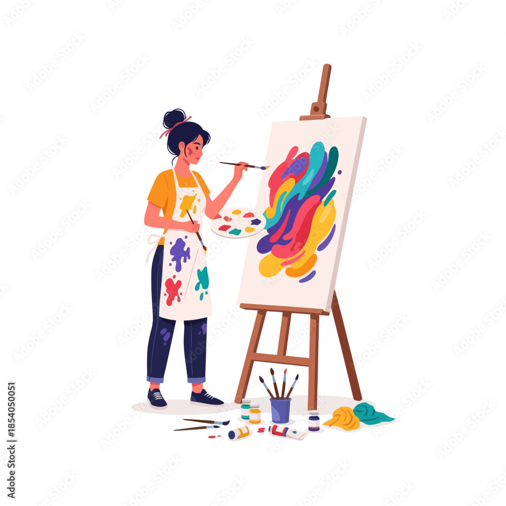 Fototapeta premium creative female artist expressing vivid abstract painting on canvas with colorful brushstrokes