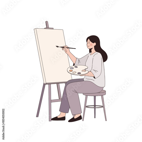 Artistic Woman in Casual Attire Painting on a Canvas in a Minimalist Studio Scene