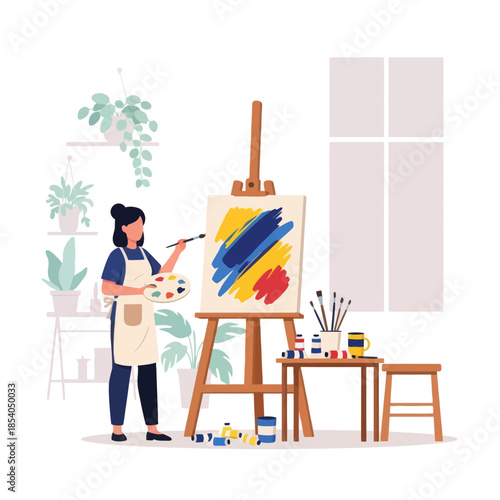 artistic creative studio space with a young woman painting colorful abstracts on an easel