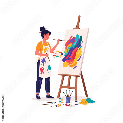 creative female artist expressing vivid abstract painting on canvas with colorful brushstrokes