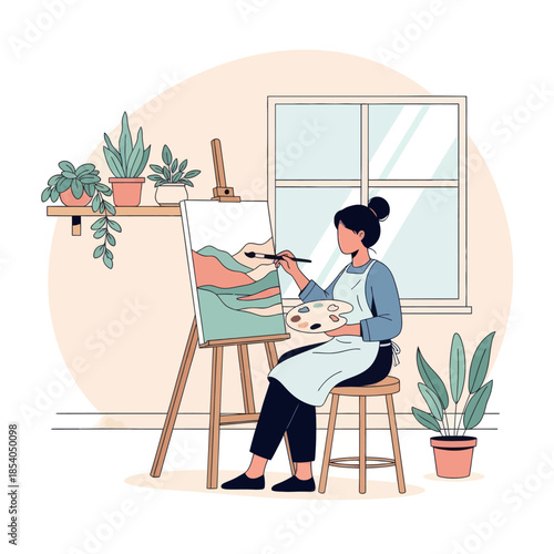 Serene artist working on an outdoor landscape painting in a cozy indoor setting with lush plants