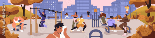 People do street workout. Athletes practice physical exercises in sports ground in urban park. Sportsmen are training in outdoor gym with equipments. Healthy lifestyle. Flat vector illustration.