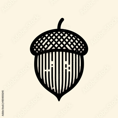 Stylized acorn illustration with geometric patterns in black on a beige background, artistic design.