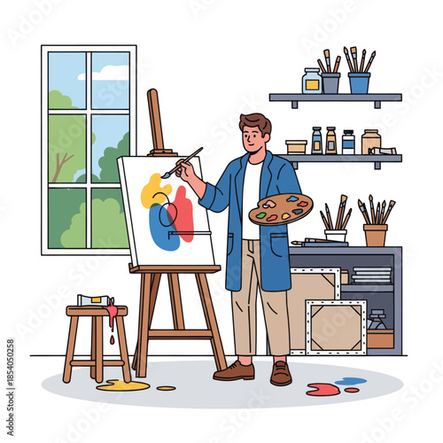 Creative painter working on a colorful artwork in a bright studio with art supplies and a window