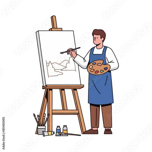 Young male artist creating landscape painting on canvas with palette and brushes in art studio