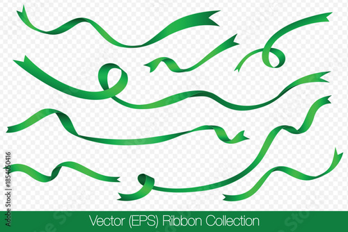Realistic set of green ribbons isolated on a transparent background, featuring curved ribbons in different lengths, twists, and shapes. Vector illustration for holiday decorations and graphic projects