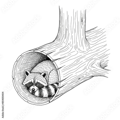 Raccoon resting inside a hollow log, detailed monochrome ink drawing