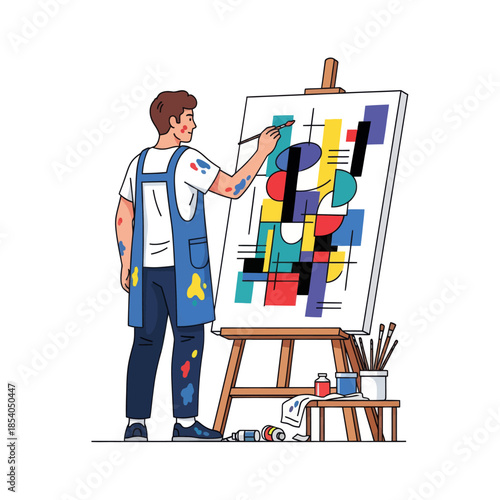 artistic artist painting vibrant abstract artwork on large canvas with creative tools and colorful