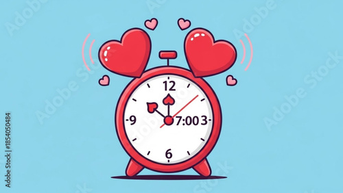Red alarm clock with hearts on blue background, cartoon style, alarm ringing, morning time 7 03, love and wake up concept