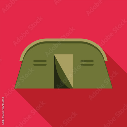 Green military army tent providing temporary shelter, presented with a modern flat design and long shadow